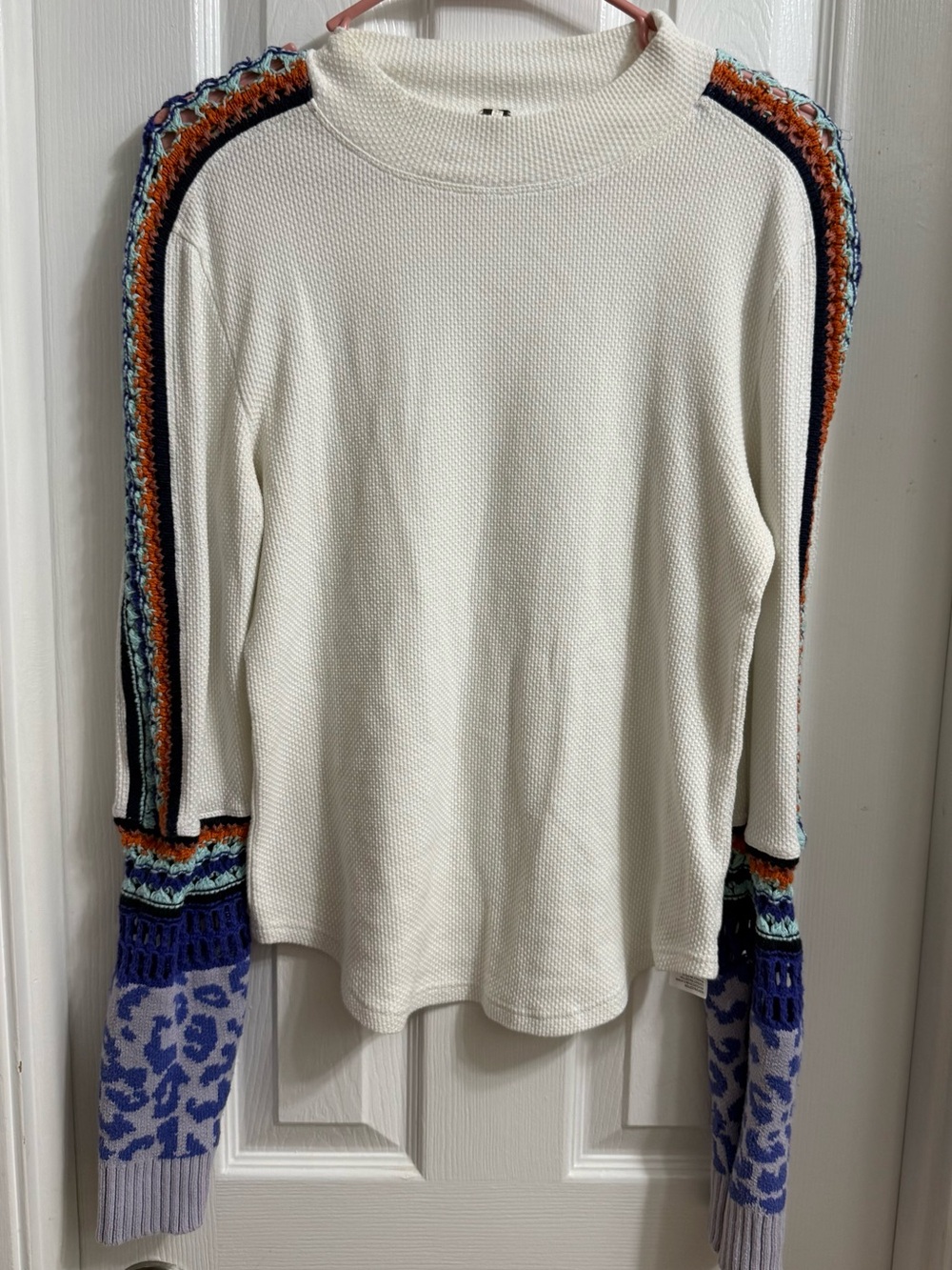 Free People Cream Knit Top with Multicolor Crochet & Blue Accent Sleeves